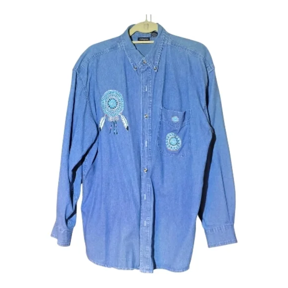 UNISEX Blue Embroidered Casual Shirt - Picture 2 of 5
